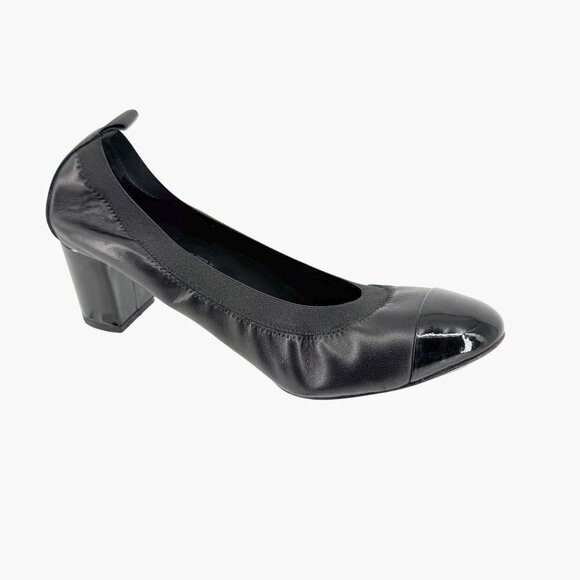 Chanel Elastic Cap Toe Pump Size 40 US 9-9.5 Black Leather CC Stretch Block Heel - Picture 11 of 15